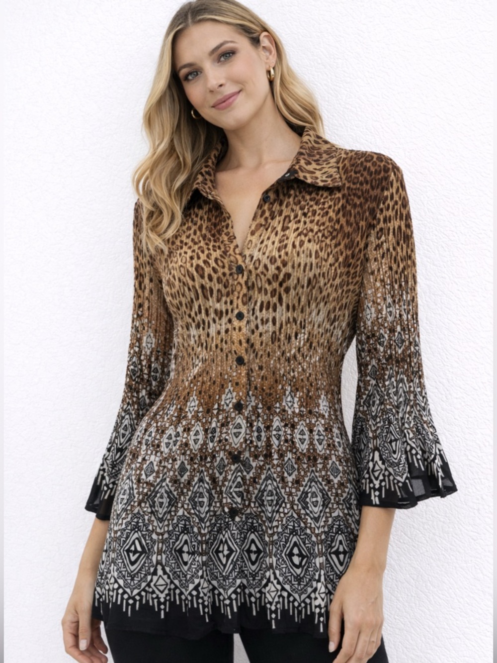 Dressbarn pleated, long-sleeve button-down blouse with a‎ brown animal print top